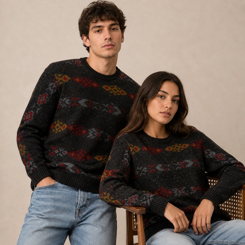 Crewneck Grandpacore Unisex Sweater Dark Gray Geometric Wool Blend Oversized S